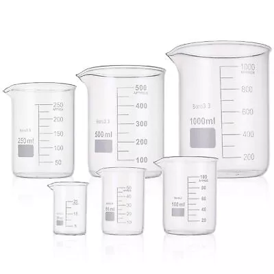 6 Pack Glass Lab Pyrex Beaker Set Measuring Cup 25/50/100/250/500/1000 ML White • $23.22