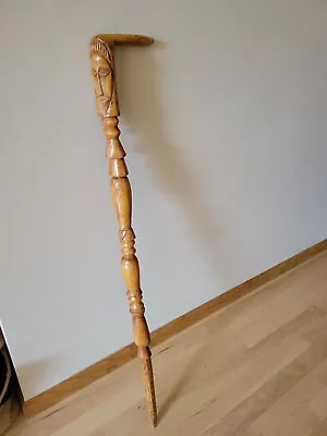 Vintage Hand Carved Wooden Walking Stick Cane Face 38” • $39.99