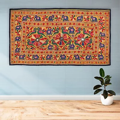 Vintage Cotton Textile Hand Embroidered Wall Hanging Tapestry Elephant Textile • $162