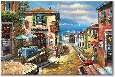 Oil Painting On Canvas Italian Town Mediterrane 45 X 30 Large Modern Multicolor • $215