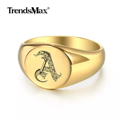 13mm Wide Gold Plated Initial Letter A-Z Signet Ring Band 316L Stainless Steel • $8.99