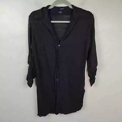 Majestic Filatures Linen Tunic Top Womens 3 Large Black Button Up Roll Tab Cuff • $25