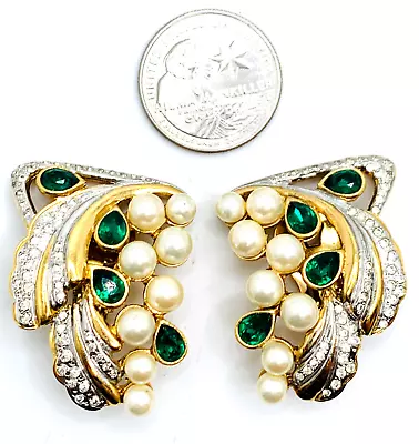 RARE MOD DEP Italy Vtg 90s BIG Green Gold Art Deco Revival Clip Earrings Minty • $29.50