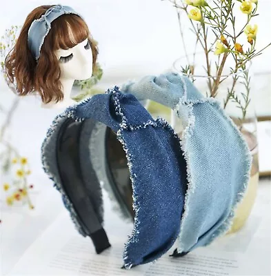 Women Girl Retro Denim Hair Band Cross Twisted Wide Hippie Headband Wrap Hoop • $17.99