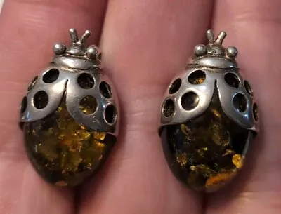 Sterling Silver Amber Ladybug Earrings • $19.99