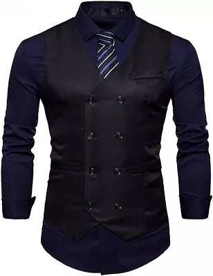 Cloudstyle Mens Vest Double Breasted V-Neck Slim Fit Formal Dress Vest Business  • $74.92