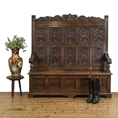 Victorian Antique Carved Oak Settle (M-1241) • £1950
