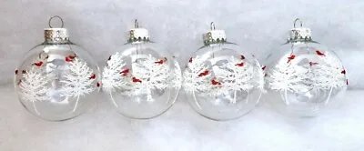 Clear Glass Ornaments With Snow Glitter White Trees And Red Glitter Cardinals • $9.99