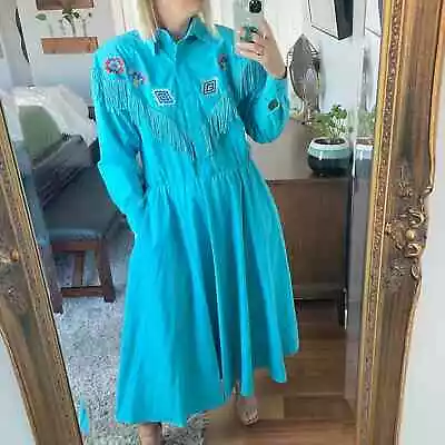 Western Collection | Vintage Blue Fringe Cowgirl Southwestern Embroidered Dress • $50