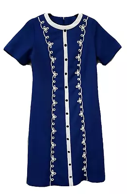 Vintage Hand Crafted SS Dress Navy Blue With White Applique Faceted Buttons M/L • $29.95