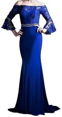 Royal Blue Lace Rhinestone Beaded Accents Prom Pageant Dress Ball Gown 10 Train • $65.60