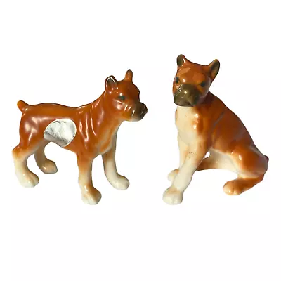 Miniature Ceramic Boxer Dogs Figurines Set 2x Hand Painted Collectable Japan • $25.99