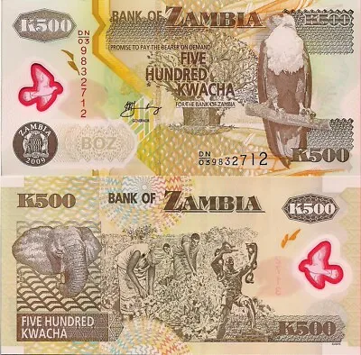 Zambia P43g 500 Kwacha Fish Eagle / Elephant Cotton Harvest UNC 2009 POLYMER • $1.33