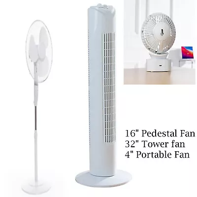 Portable White 4'' Table /29  Tower /16  Pedestal Oscillating Air Cooling Fan • £25.99