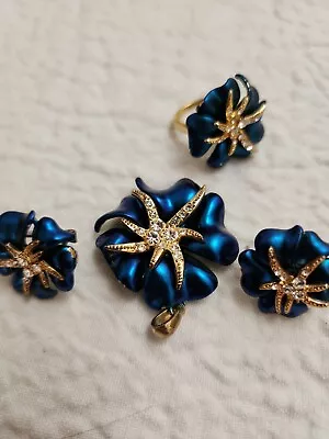 Marni H & M Pendant Earrings Ring Blue Flower Crystal Set • $24.99