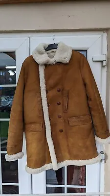Mens Genuine Quality Sheepskin Coat Classic Tan Brown Camel Jacket Cream Fur 3/4 • £199