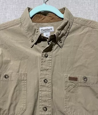 VTG. Carhartt Shirt Mens XL Beige Khaki Short Sleeve Button Canvas Work S12STNS • $21.32