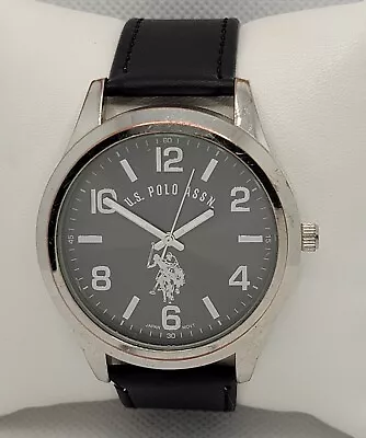 Mens U.S. Polo Assn Classic Round Silver Tone Black Dial Leather Strap Watch L2 • $16.99