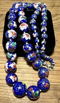 LARGE Vintage Cloisonné Chinese Enamel Painted Floral Beads Knotted Necklace • $75