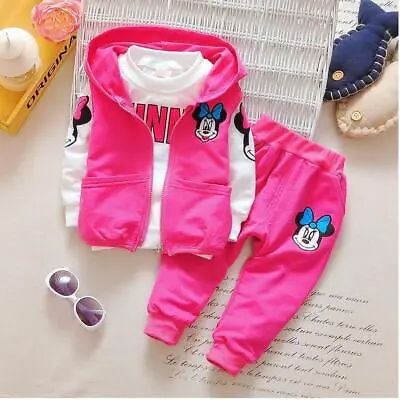 3pcs Kids Girls Minnie Mouse Hoodie Zip Vest+Tops+Pants Children's Clothes Sets • $14.24