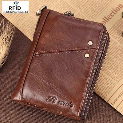 $29.99 • Buy Men's 100% Cowhide Leather Zipper Wallet RFID Blocking Card Holder Coin Purse
