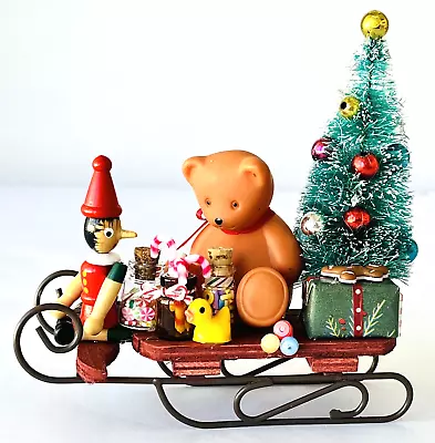 Miniature Christmas Display Toys On Sled Teddy Bear Wood Puppet Decorated Tree • $21.24