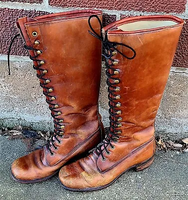 FRYE True Vintage Black Label Campus Lace Up Tall Knee High Brown Leather Boots • $400