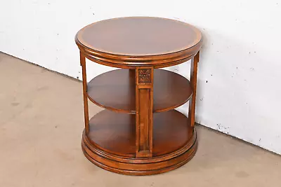 Ethan Allen Regency Carved Banded Mahogany Three-Tier Drum Side Table • $1295