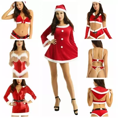 Women’s Claus Miss Santa Costume Christmas Fancy Dress Bodysuit Crop Top Shorts • £15.78