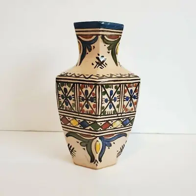 £36.81 • Buy Vintage Moroccan FES Polychrome Hexagon Hand Painted Pottery Vase Multicolor