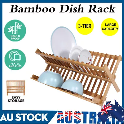 Double Tier Dish Bamboo Drying Rack Plate Drainer Holder Kitchen Organizer • $17.98