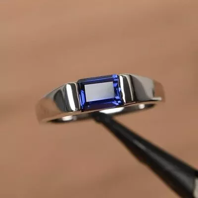 Solid 925 Sterling Silver AA Blue Sapphire Zircon Cut Gemstone Signet Men's Ring • $39.81