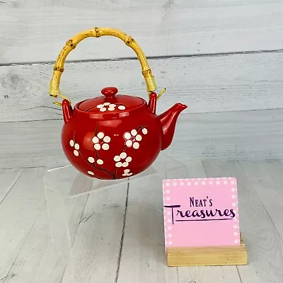 World Market CHERRY BLOSSOM Red White Stoneware Wooden Handle Lidded Tea Pot  • $20.39