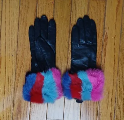 Lord & Taylor Real Dyed Rabbit Fur Cuff  Leather Gloves Black Colorful Wom Sz 7 • $65.99