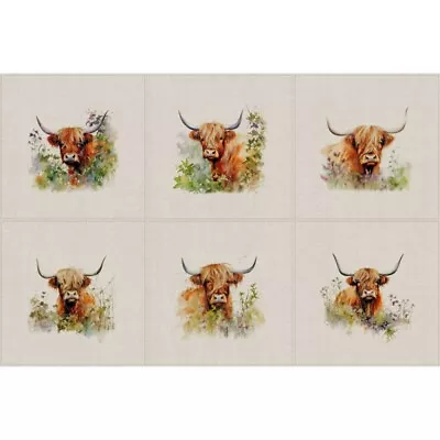 Cotton Rich Linen Look Fabric Digital Hedgerow Highland Cow Cows Farm Panel • £14