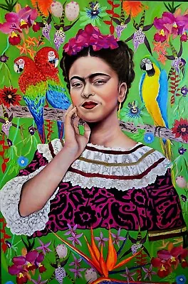 Large Frida Kahlo Colorful Flowers Tropical Mexican Original Oil Painting • $8900