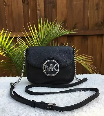 Michael Kors Fulton Black Pebbled Leather Flap Crossbody Shoulder Bag • $29