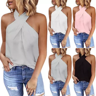 £12.89 • Buy Womens Solid Halter Neck Vest Front Cross Holiday Sexy Tank Tops Summer Blouse