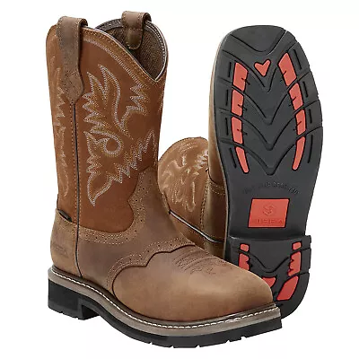 HISEA Men Steel Toe Western Cowboy Boot Wide-Square Toe Leather Safety Work Boot • $85.99