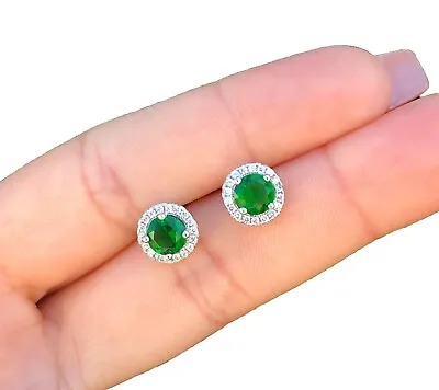 4 Ct Round Lab Created Green & White Sapphire Halo Stud Earrings 14K White Gold • $69.95