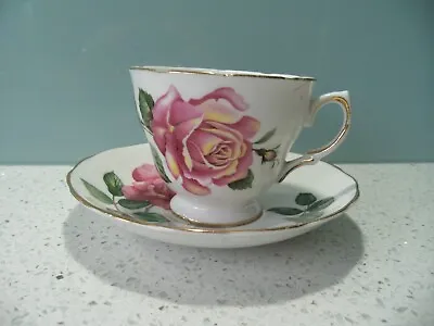 MAYFAIR BONE CHINA ENGLAND CUP AND SAUCER PINK ROSES DESIGN C.1950s • £8