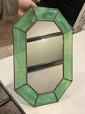 Stained Glass Mirror Green Vintage Irregular Octagon Art 16x11 Small Defect • $99