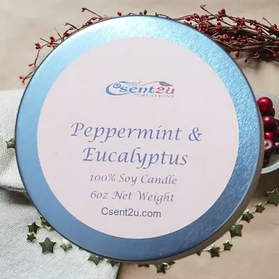 Peppermint & Eucalyptus Candle 6oz Net Weight Blue Teal Tin With 100% Soy Wax • $8