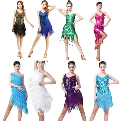 Women Sequins Tassel Latin Dress Ballroom Samba Tango Dance Dress Stage Costume • £18.71