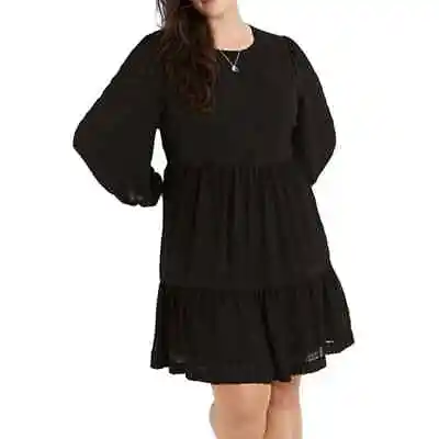 Madewell Black Sheer Puff Sleeve Ruffle Hem Tiered Mini Dress Size 12 Fairy • $35.53