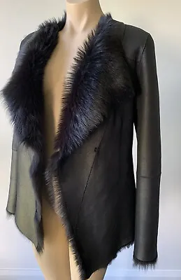 $890 • Buy Scanlan Theodore Lambskin Fur Leather Jacket Size 8 Reversible Black