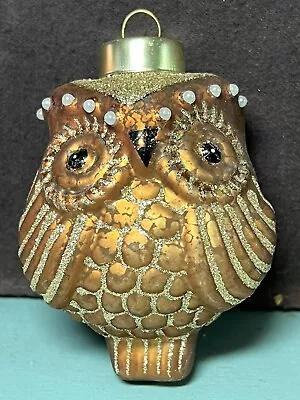 Glass Brown OWL Christmas Tree Ornament Vintage 4 Inch Glitter Pearls Mottled • $8