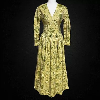 Vintage 70s Hostess Green Yellow Boho Long Sleeve Party Cocktail Maxi Dress XS • $35