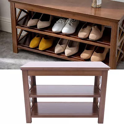 3-tier Bamboo Shelf Shoes Organizer Vintage Shoe Storage Bench Rack Wooden Seat • $45.60