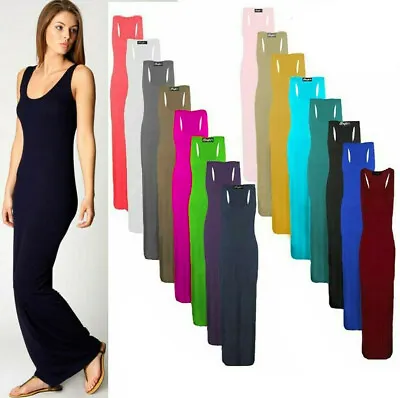 Women Long Maxi Dress Ladies Plain Racer Muscle Back Vest Stretch Jersey 8-26 • £8.99